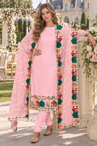 Baby pink faux georgette semi stitched plazzo suit with embroidery & sequins work