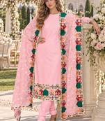 Baby pink faux georgette semi stitched plazzo suit with embroidery & sequins work