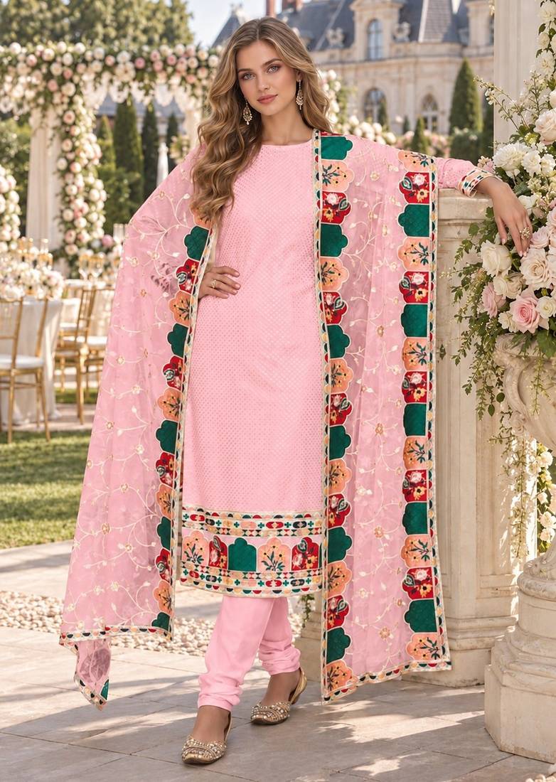 Baby pink faux georgette semi stitched plazzo suit with embroidery & sequins work