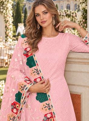 Baby pink faux georgette semi stitched plazzo suit with embroidery & sequins work 2