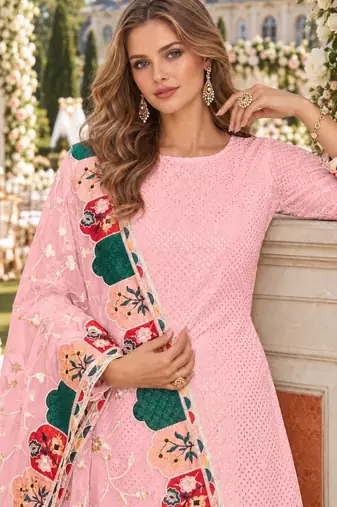 Baby pink faux georgette semi stitched plazzo suit with embroidery & sequins work