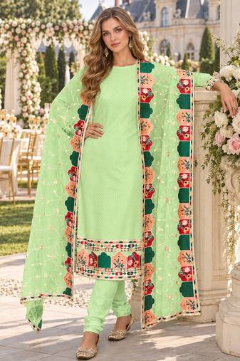 Green faux georgette semi stitched plazzo suit with embroidery & sequins work