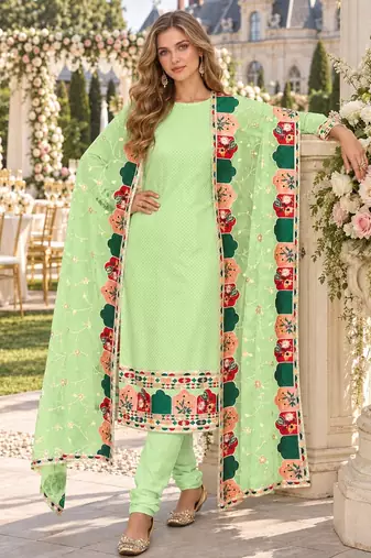 Green faux georgette semi stitched plazzo suit with embroidery & sequins work