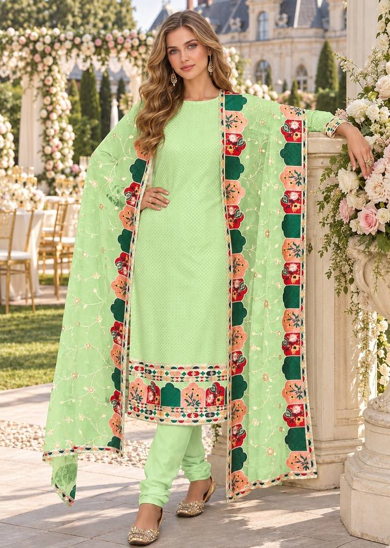 Green faux georgette semi stitched plazzo suit with embroidery & sequins work