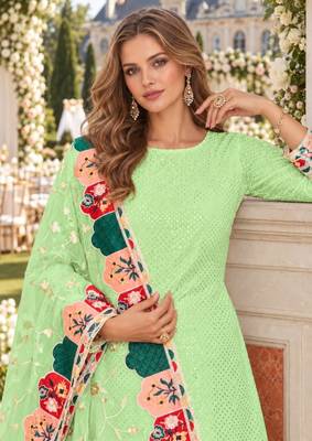 Green faux georgette semi stitched plazzo suit with embroidery & sequins work 2