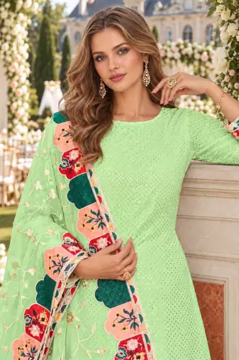 Green faux georgette semi stitched plazzo suit with embroidery & sequins work