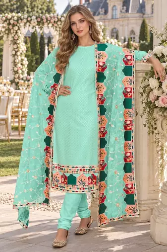 Turquoise faux georgette semi stitched plazzo suit with embroidery & sequins work