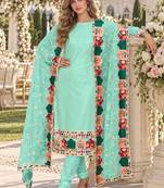 Turquoise faux georgette semi stitched plazzo suit with embroidery & sequins work