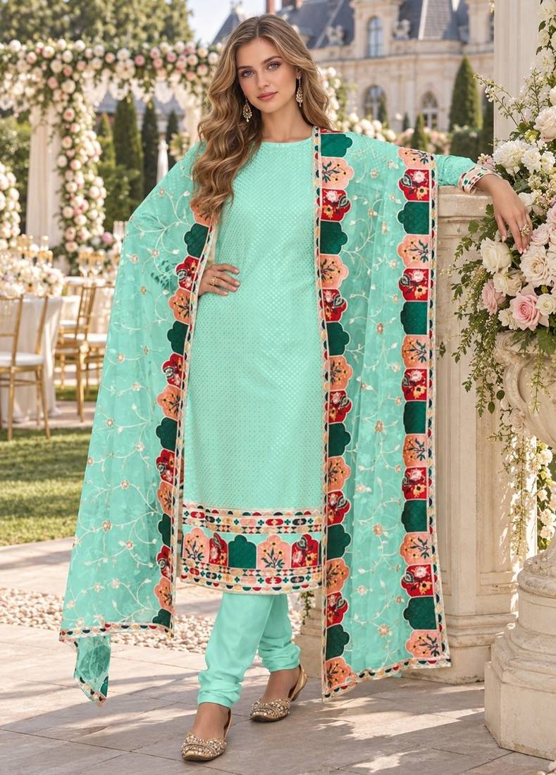 Turquoise faux georgette semi stitched plazzo suit with embroidery & sequins work