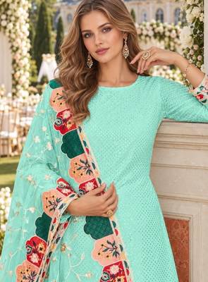 Turquoise faux georgette semi stitched plazzo suit with embroidery & sequins work 2