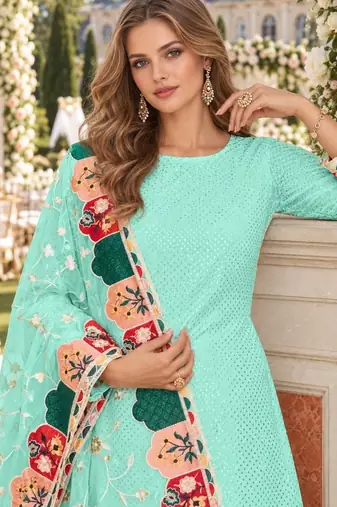 Turquoise faux georgette semi stitched plazzo suit with embroidery & sequins work