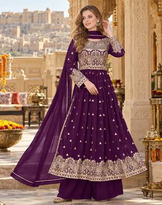 Purple faux georgette semi stitched plazzo suit with embroidery & sequins work 1