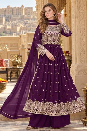 Purple faux georgette semi stitched plazzo suit with embroidery & sequins work