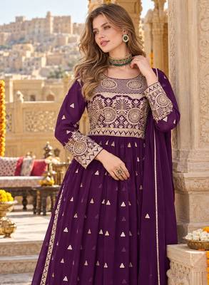 Purple faux georgette semi stitched plazzo suit with embroidery & sequins work 2