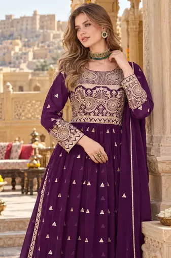Purple faux georgette semi stitched plazzo suit with embroidery & sequins work
