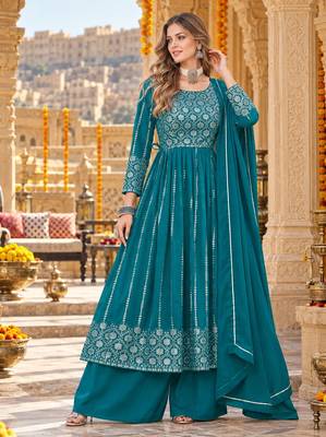 Blue faux georgette semi stitched plazzo suit with embroidery & sequins work 1