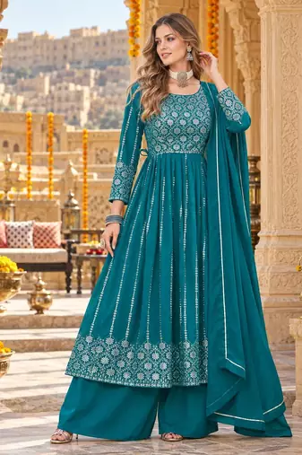 Blue faux georgette semi stitched plazzo suit with embroidery & sequins work