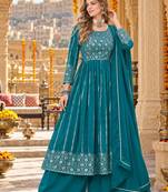 Blue faux georgette semi stitched plazzo suit with embroidery & sequins work