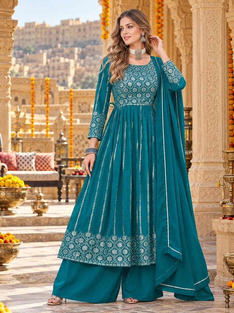 Blue faux georgette semi stitched plazzo suit with embroidery & sequins work