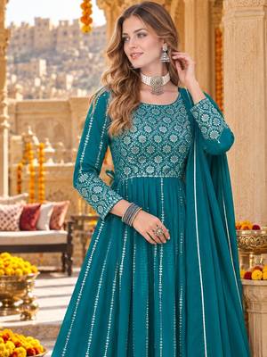 Blue faux georgette semi stitched plazzo suit with embroidery & sequins work 2
