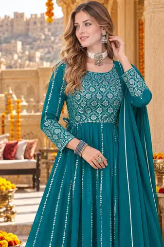 Blue faux georgette semi stitched plazzo suit with embroidery & sequins work