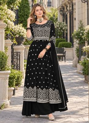 Black faux georgette semi stitched plazzo suit with embroidery & sequins work 1