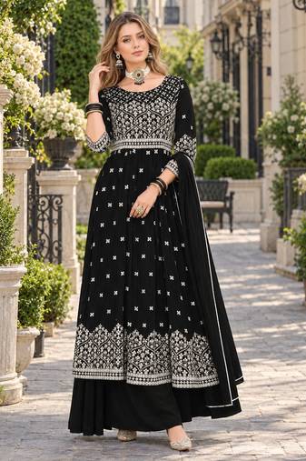 Black faux georgette semi stitched plazzo suit with embroidery & sequins work