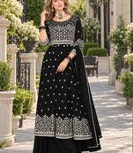 Black faux georgette semi stitched plazzo suit with embroidery & sequins work