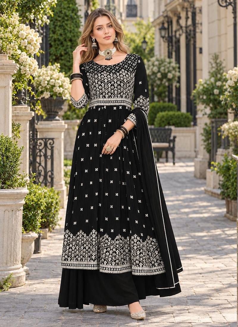 Black faux georgette semi stitched plazzo suit with embroidery & sequins work