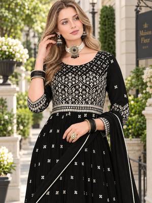 Black faux georgette semi stitched plazzo suit with embroidery & sequins work 2