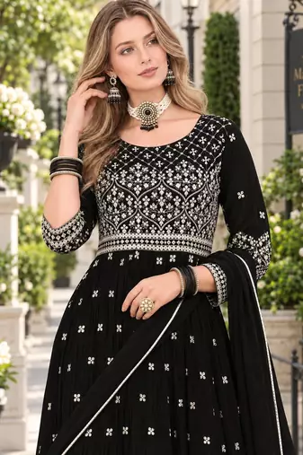 Black faux georgette semi stitched plazzo suit with embroidery & sequins work