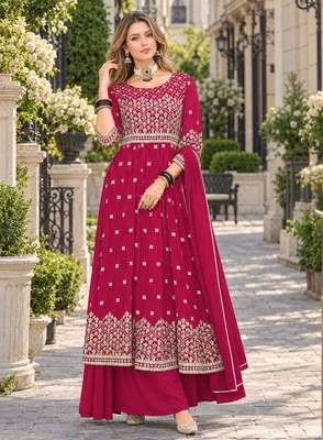 Red faux georgette semi stitched plazzo suit with embroidery & sequins work 1