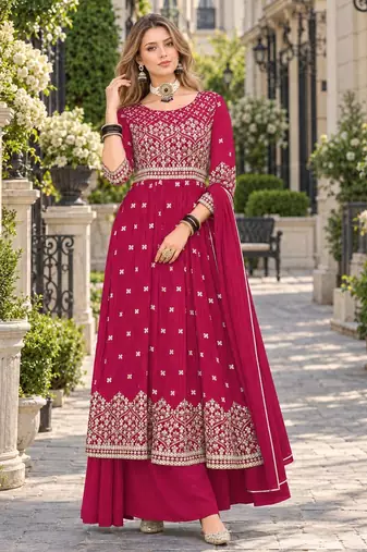 Red faux georgette semi stitched plazzo suit with embroidery & sequins work