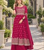 Red faux georgette semi stitched plazzo suit with embroidery & sequins work