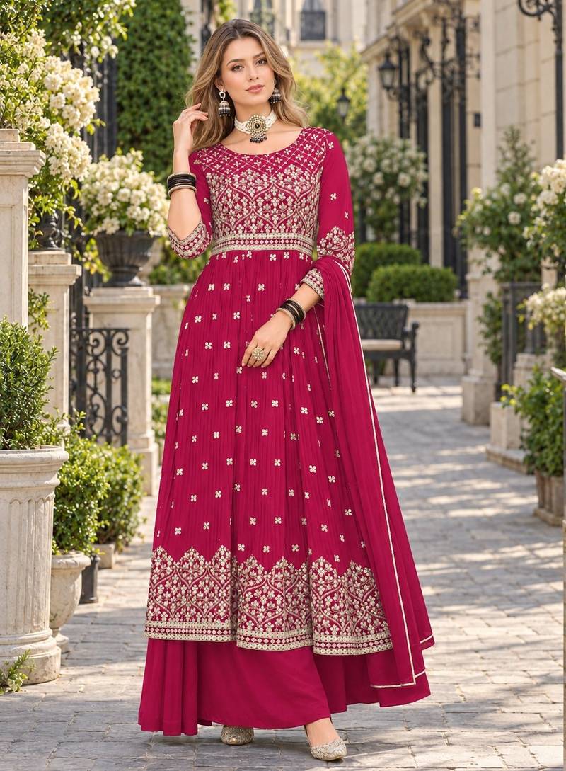 Red faux georgette semi stitched plazzo suit with embroidery & sequins work