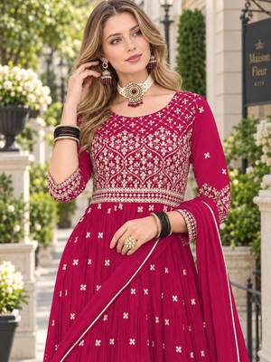 Red faux georgette semi stitched plazzo suit with embroidery & sequins work 2