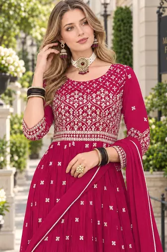 Red faux georgette semi stitched plazzo suit with embroidery & sequins work