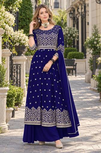 Navy faux georgette semi stitched plazzo suit with embroidery & sequins work