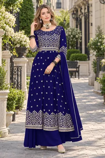Navy faux georgette semi stitched plazzo suit with embroidery & sequins work