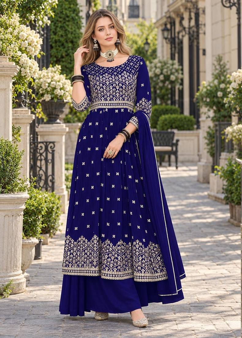 Navy faux georgette semi stitched plazzo suit with embroidery & sequins work