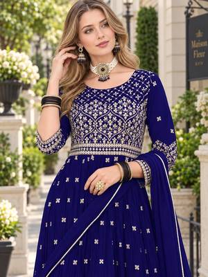 Navy faux georgette semi stitched plazzo suit with embroidery & sequins work 2