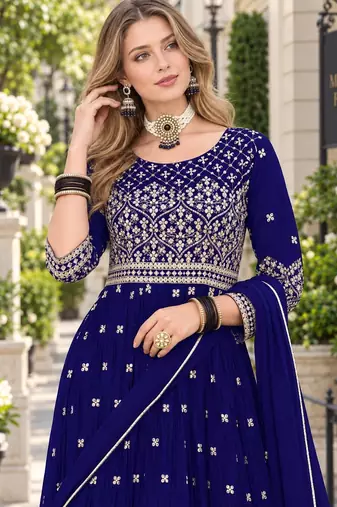 Navy faux georgette semi stitched plazzo suit with embroidery & sequins work