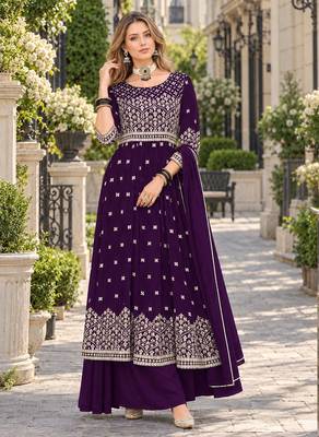 Purple faux georgette semi stitched plazzo suit with embroidery & sequins work 1