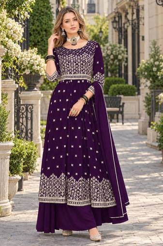 Purple faux georgette semi stitched plazzo suit with embroidery & sequins work