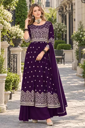 Purple faux georgette semi stitched plazzo suit with embroidery & sequins work