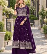 Purple faux georgette semi stitched plazzo suit with embroidery & sequins work