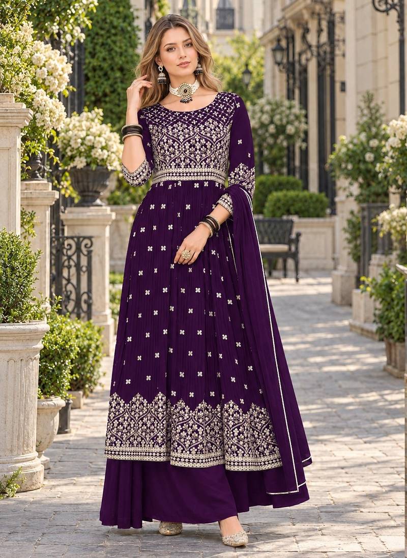 Purple faux georgette semi stitched plazzo suit with embroidery & sequins work
