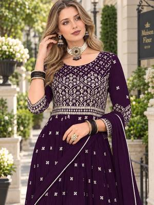Purple faux georgette semi stitched plazzo suit with embroidery & sequins work 2