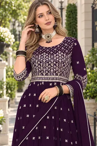Purple faux georgette semi stitched plazzo suit with embroidery & sequins work