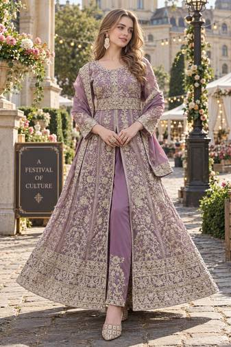 Lavender silk blend semi stitched anarkali suit with embroidery & sequins work